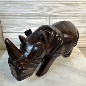 Heavy African Hand Carved Wooden Rhinoceros Rhino Solid Wood 10" Vintage